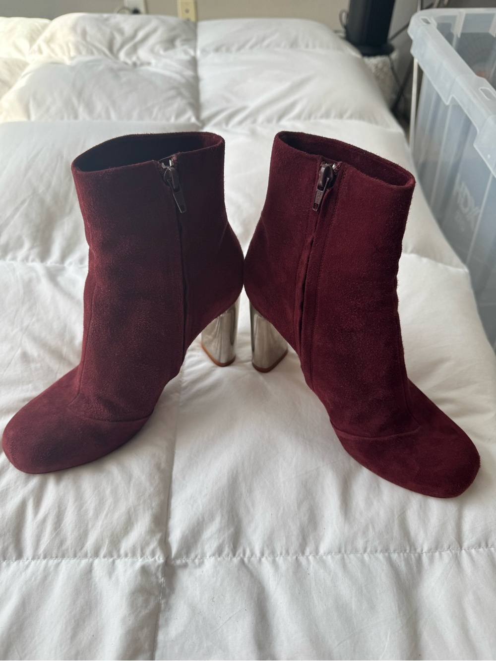 Celine Burgundy Suede Ankle Boots with Metallic Heel - Picture 5 of 7